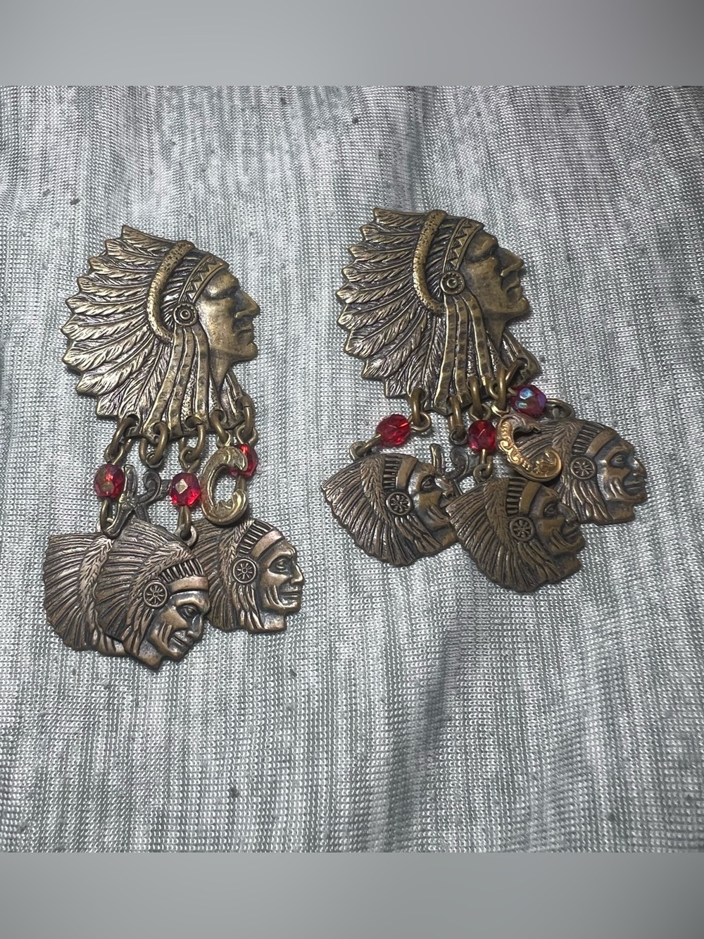 Vintage Native American Inspired Chief Headdress Chandelier Earrings Red Beads